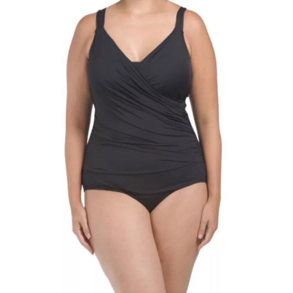 Jantzen Womens 28W Black Surplice‎ Ruched Tummy Control One Piece Swimsuit NEW